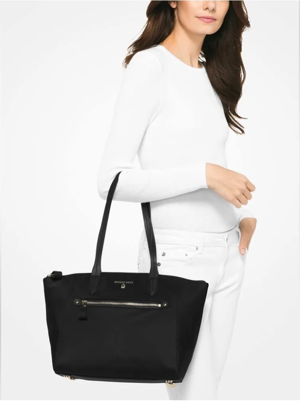 Michael Kors Kelsey Black Nylon Tote with Front Zip Pocket